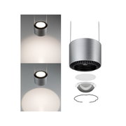 Modern silver brushed aluminium LED pendant light with warm white illumination for interiors