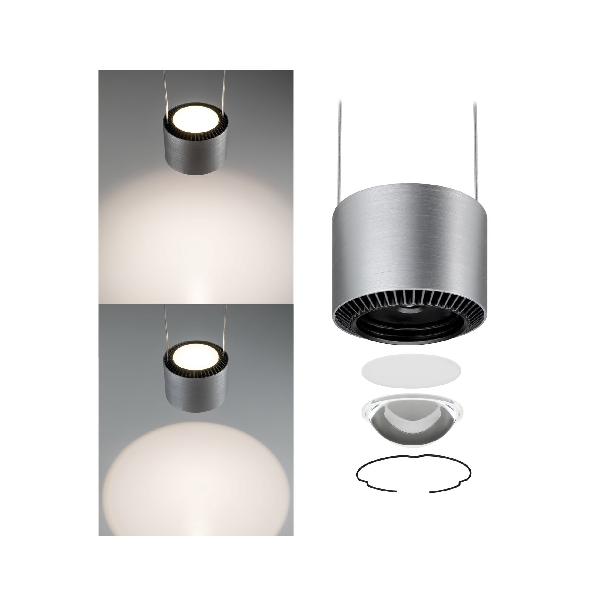 Modern silver brushed aluminium LED pendant light with warm white illumination for interiors