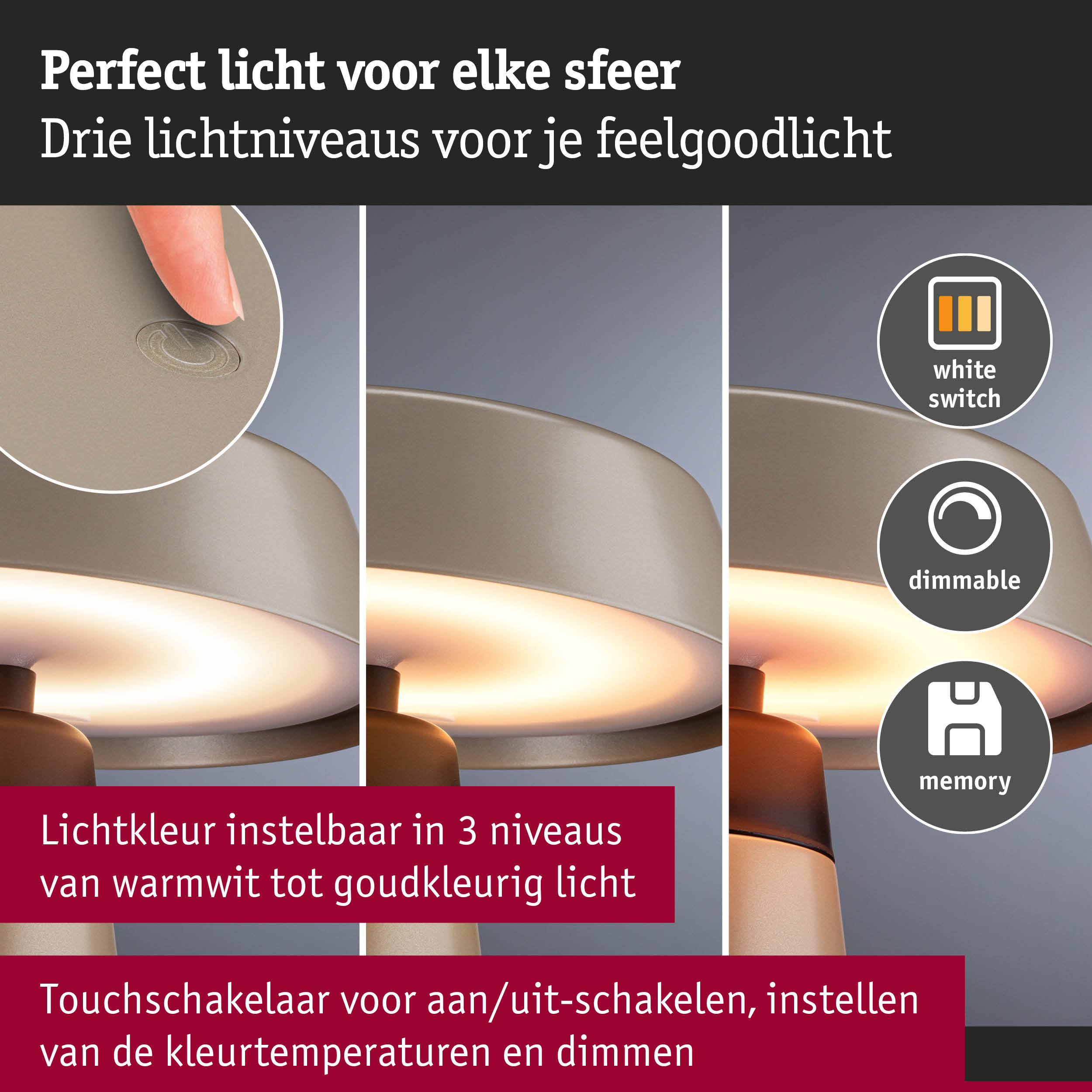 Beige dimbare LED-tafellamp met touchschakelaar en instelbare lichtkleur in drie niveaus