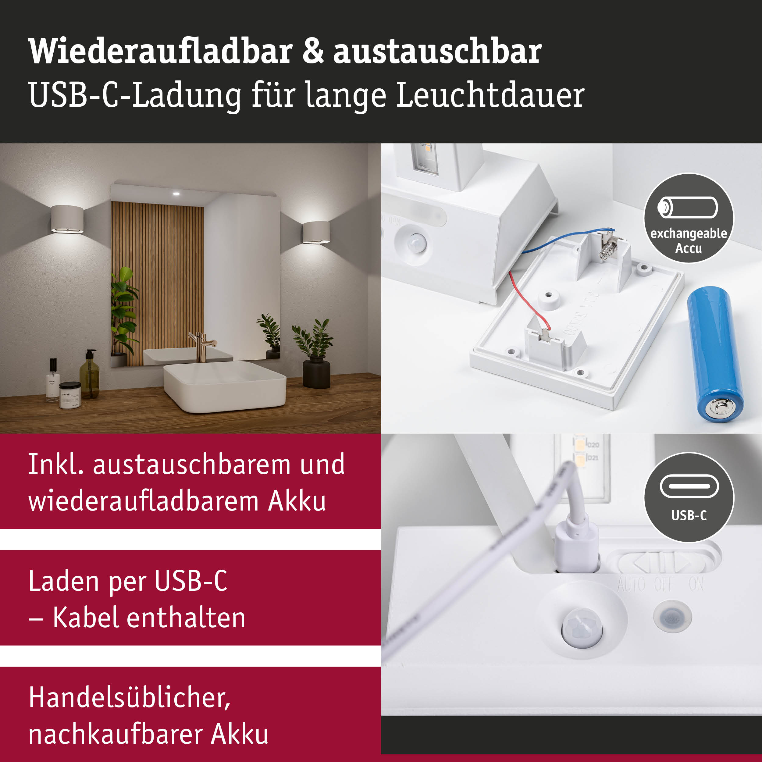 Wiederaufladbare weiße Wandlampe mit austauschbarem Akku und USB-C-Ladung für lange Leuchtdauer