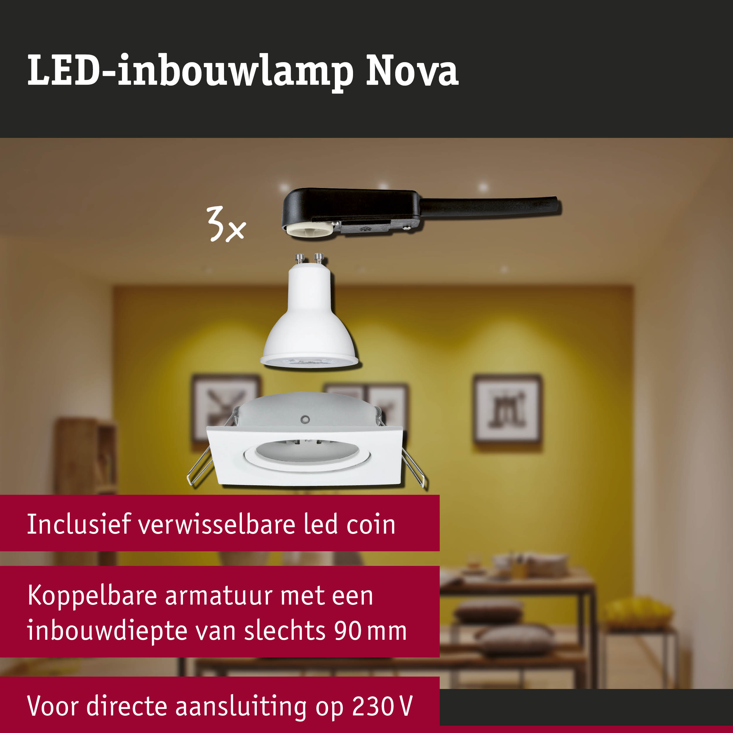 LED-inbouwlamp 3-Step-Dim Nova Basisset zwenkbaar hoekig 84x84mm 50° GU10 3x6,5W 3x460lm 230V dimbaar 2700K Wit mat