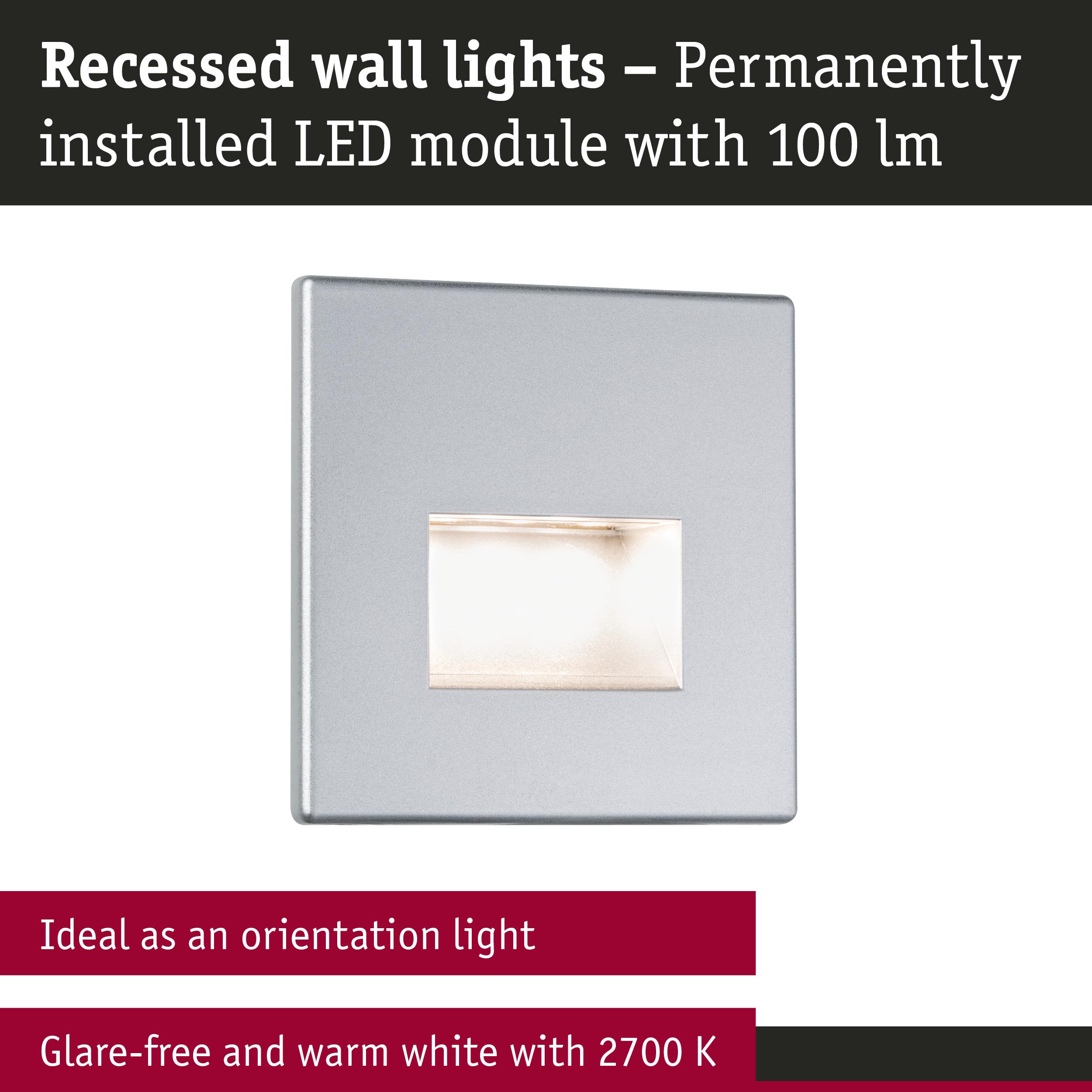 Silver recessed LED wall light with warm white 2700K glow, ideal as glare-free orientation lighting