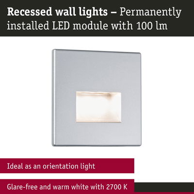 Silver recessed LED wall light with warm white 2700K glow, ideal as glare-free orientation lighting