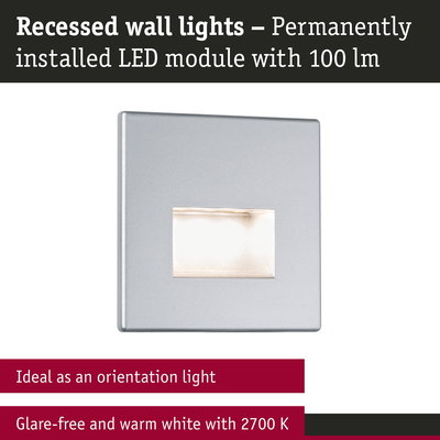 Silver recessed LED wall light with warm white 2700K glow, ideal as glare-free orientation lighting