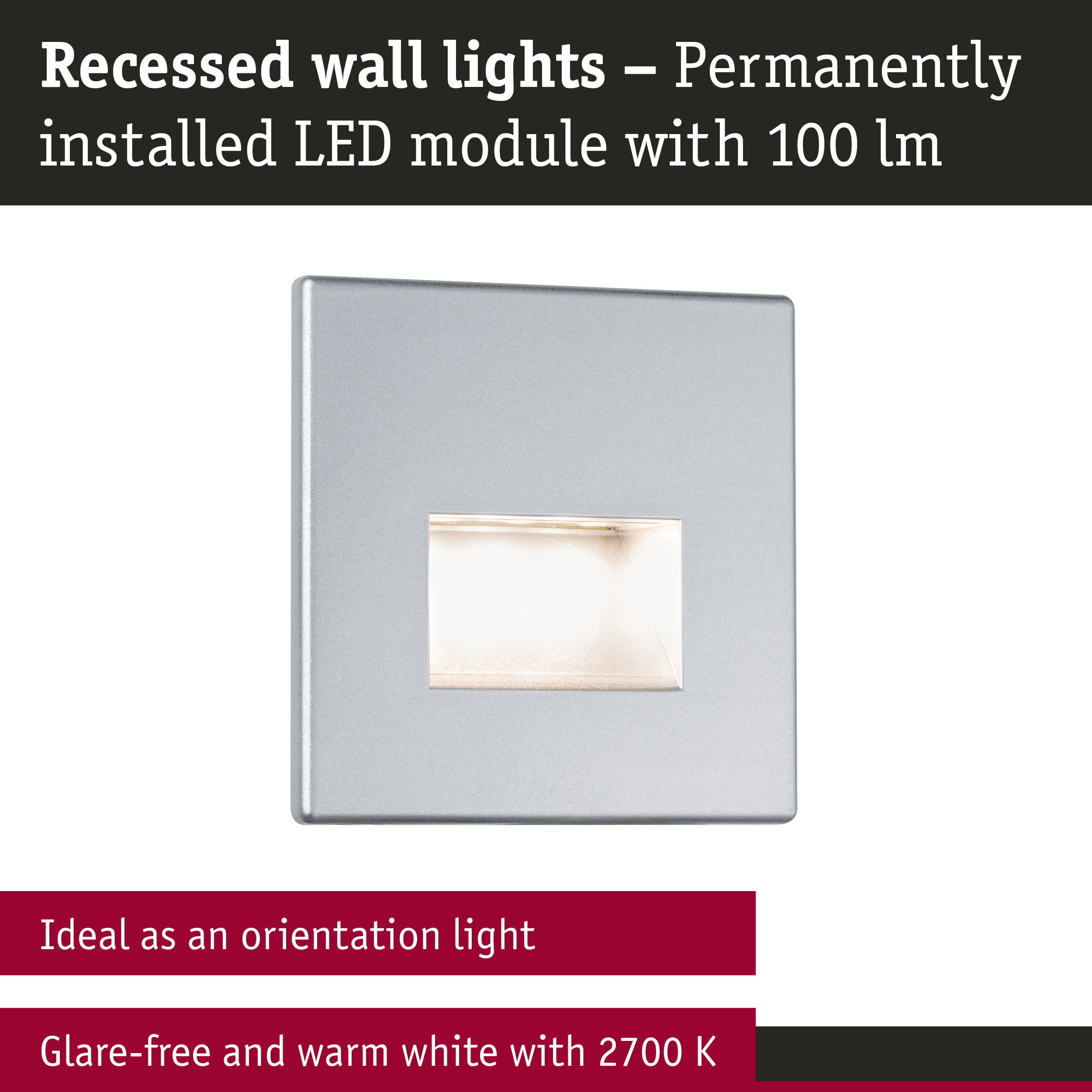Rectangular silver metal LED recessed wall light with glare-free warm white 2700K illumination