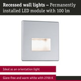 Rectangular silver metal LED recessed wall light with glare-free warm white 2700K illumination