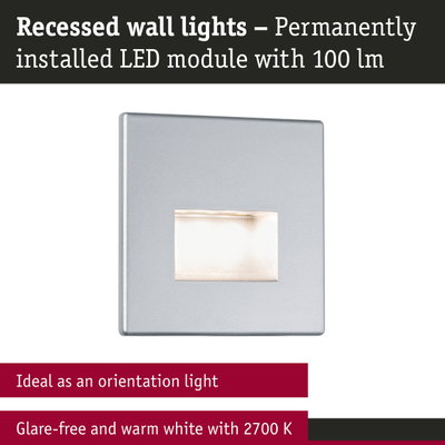 Rectangular silver metal LED recessed wall light with glare-free warm white 2700K illumination