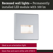 Rectangular silver metal LED recessed wall light with glare-free warm white 2700K illumination