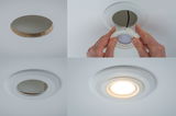 Vierteilige Montage eines weißen LED-Einbaustrahler mit runder Öffnung und warmweißem Licht an der Decke