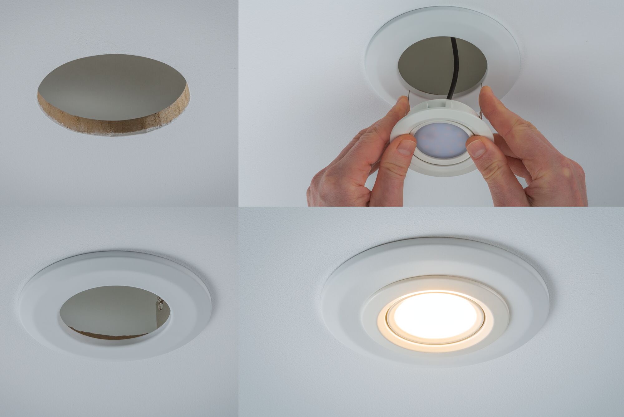 Installation en quatre étapes d'un spot LED encastré blanc avec ouverture ronde et lumière blanc chaud au plafond