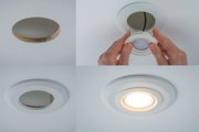 Four-step installation of white LED recessed spotlight with round opening and warm white light on ceiling