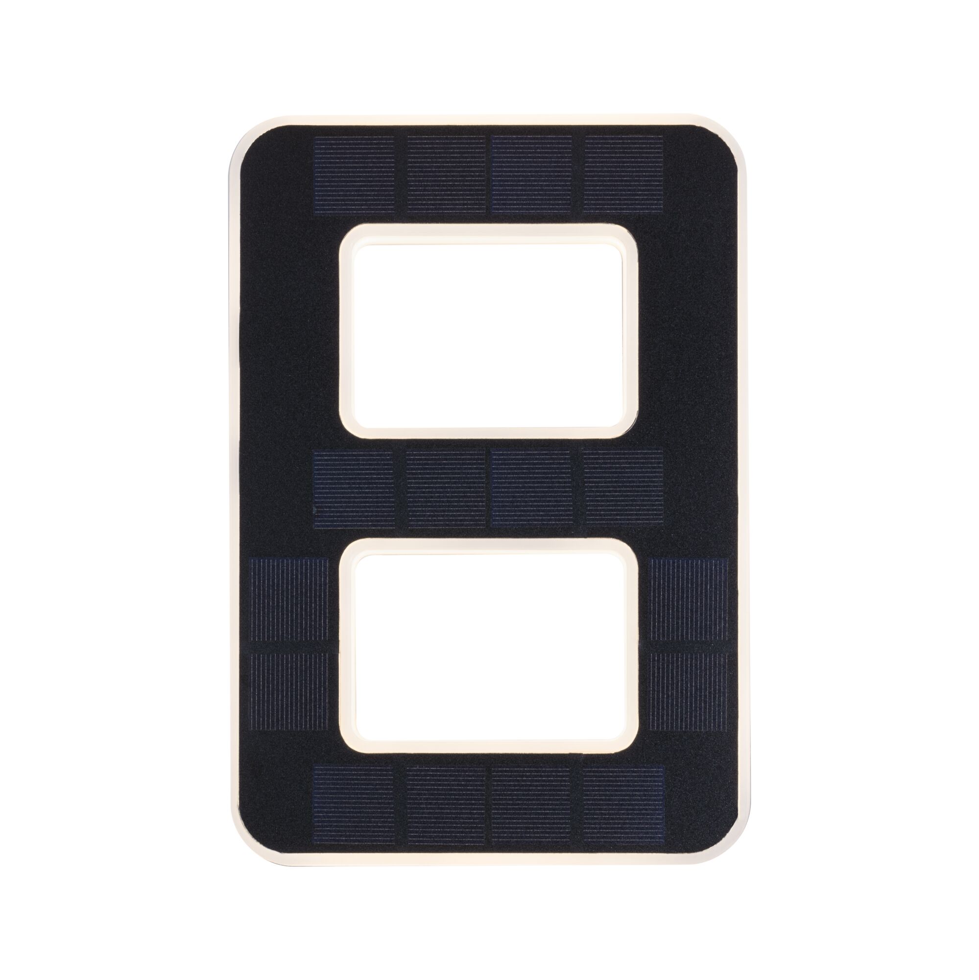 Rectangular black solar panel with two rectangular cutouts and white frame for LED lighting