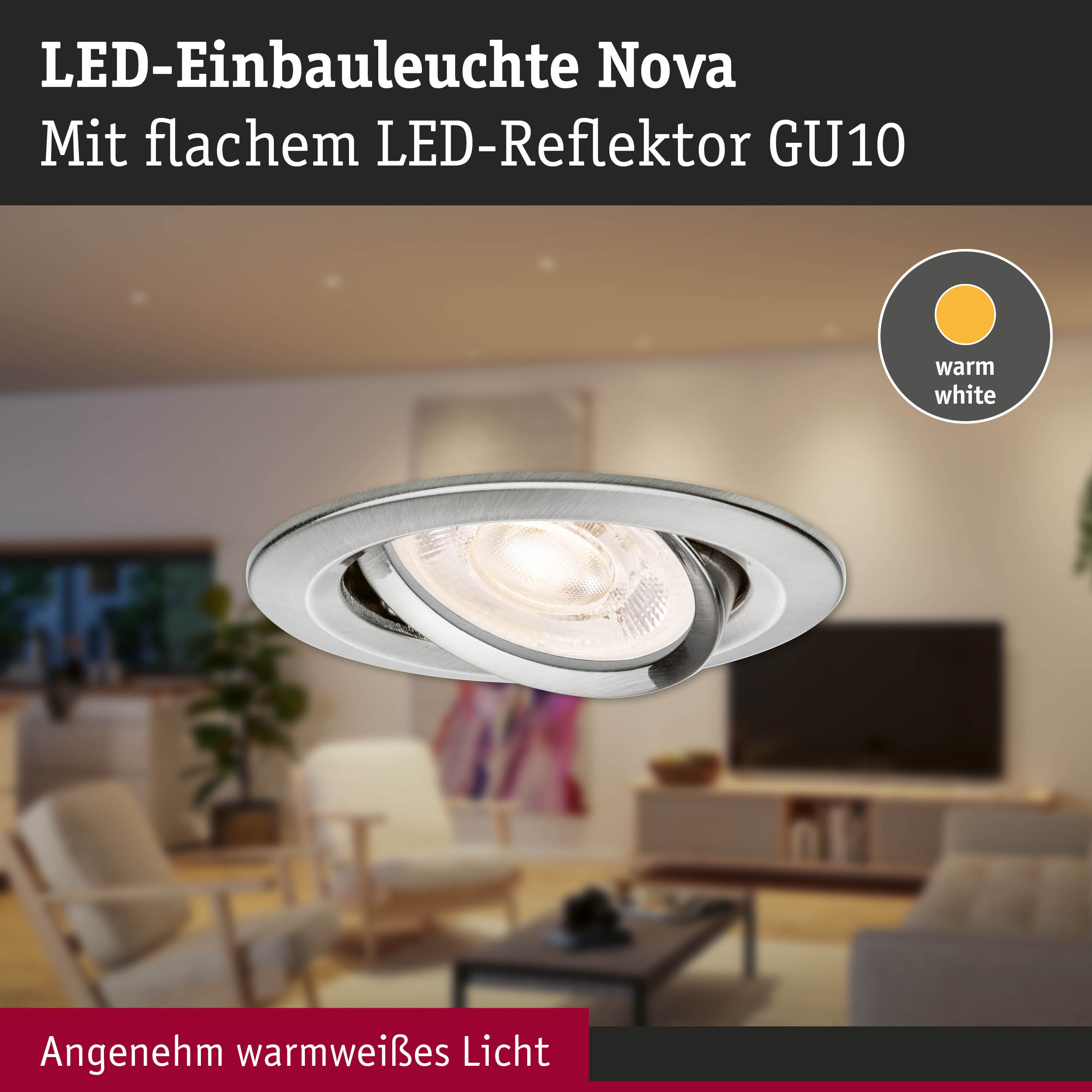 LED-Einbauleuchte Nova aus Metall in Silber mit warmweißem Licht und GU10 LED-Reflektor