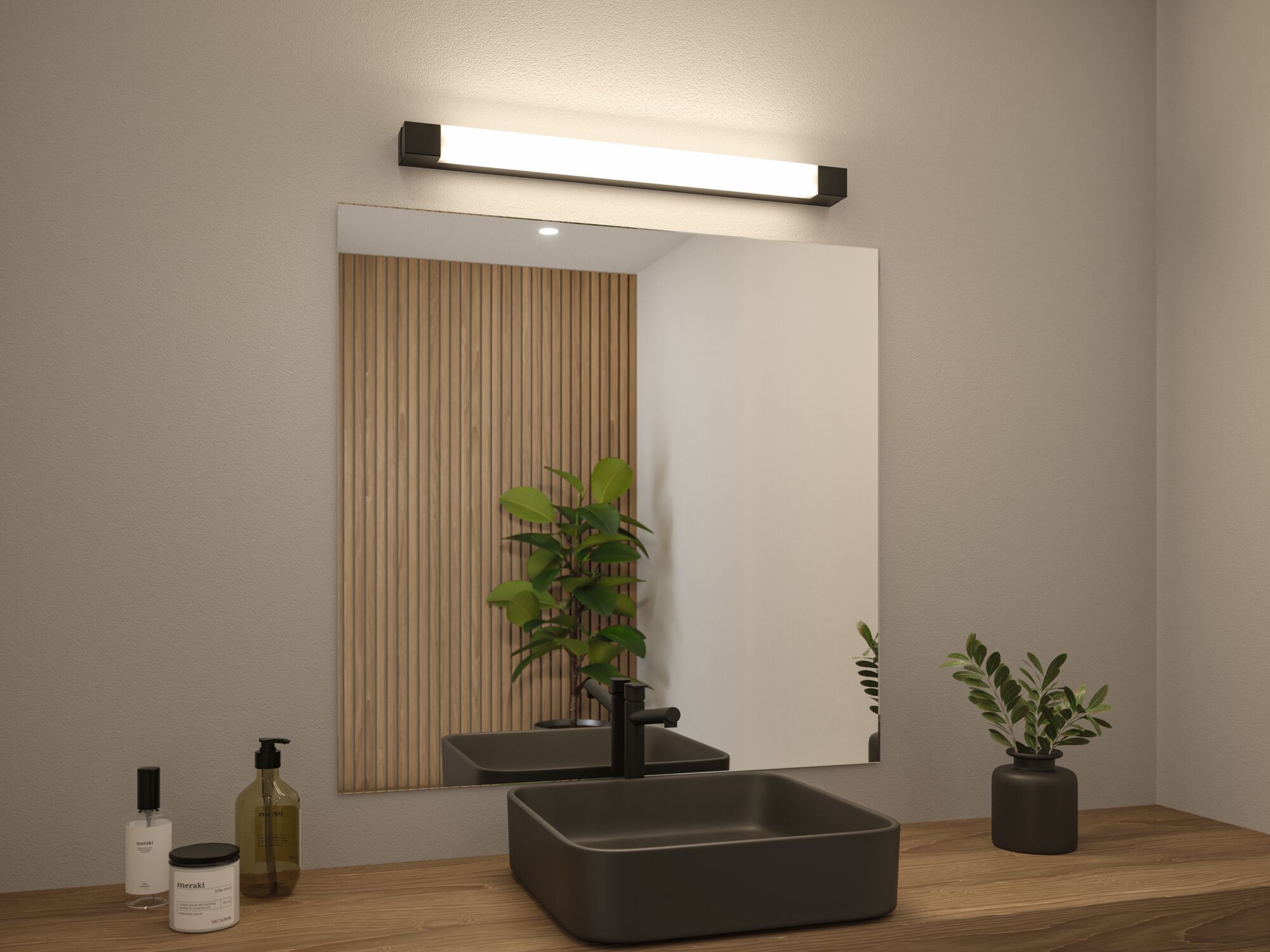 Schwarze rechteckige Keramik-Waschschale auf Holzplatte mit schwarzem Wasserhahn und LED-Spiegelleuchte