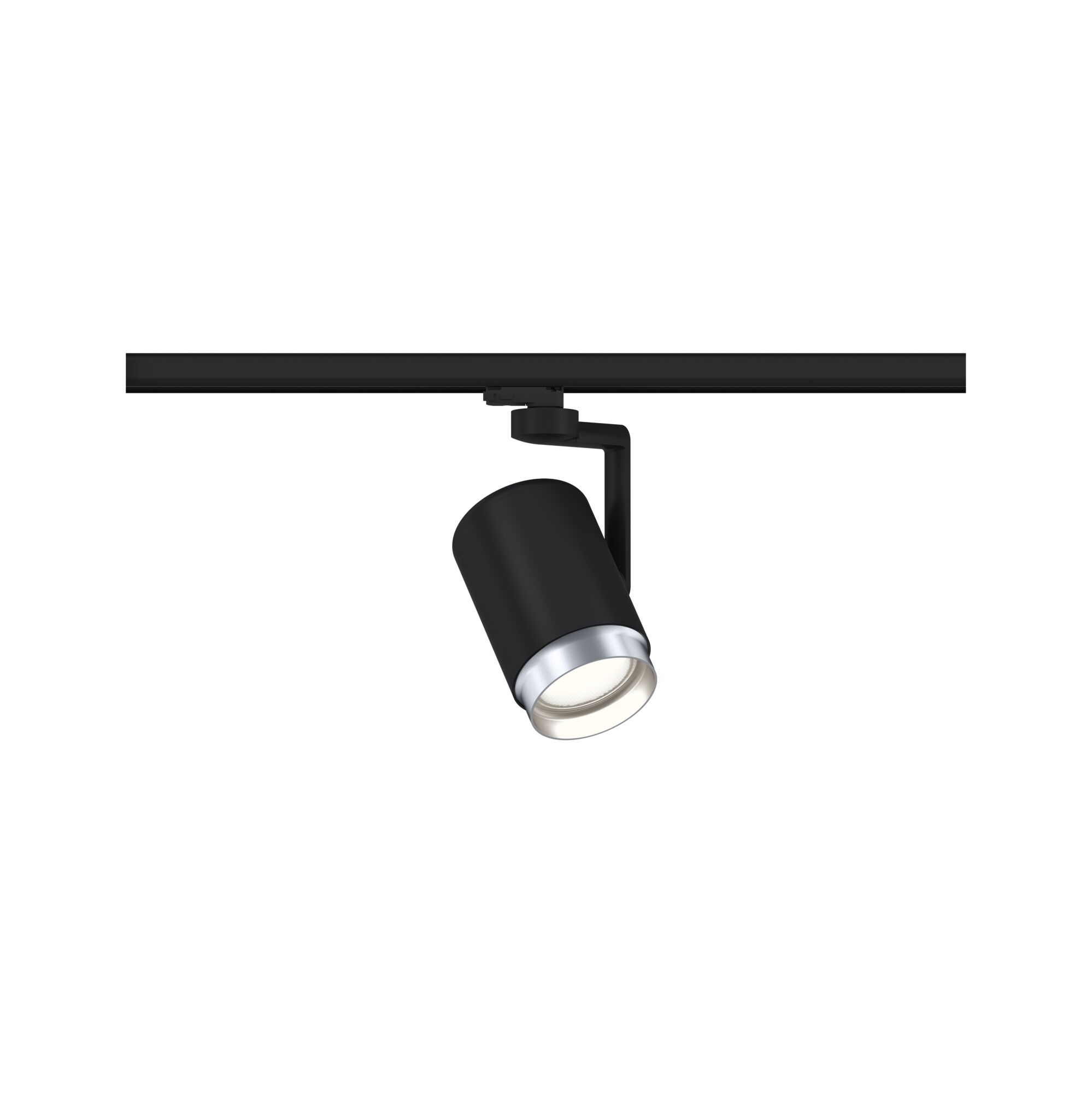 Schwarzer LED-Spot aus Metall mit silbernem Rand an Schienensystem für flexible Raumbeleuchtung