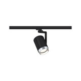 Schwarzer LED-Spot aus Metall mit silbernem Rand an Schienensystem für flexible Raumbeleuchtung