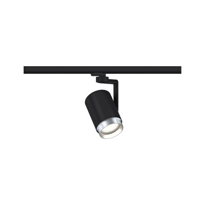 Schwarzer LED-Spot aus Metall mit silbernem Rand an Schienensystem für flexible Raumbeleuchtung