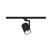 Schwarzer LED-Spot aus Metall mit silbernem Rand an Schienensystem für flexible Raumbeleuchtung