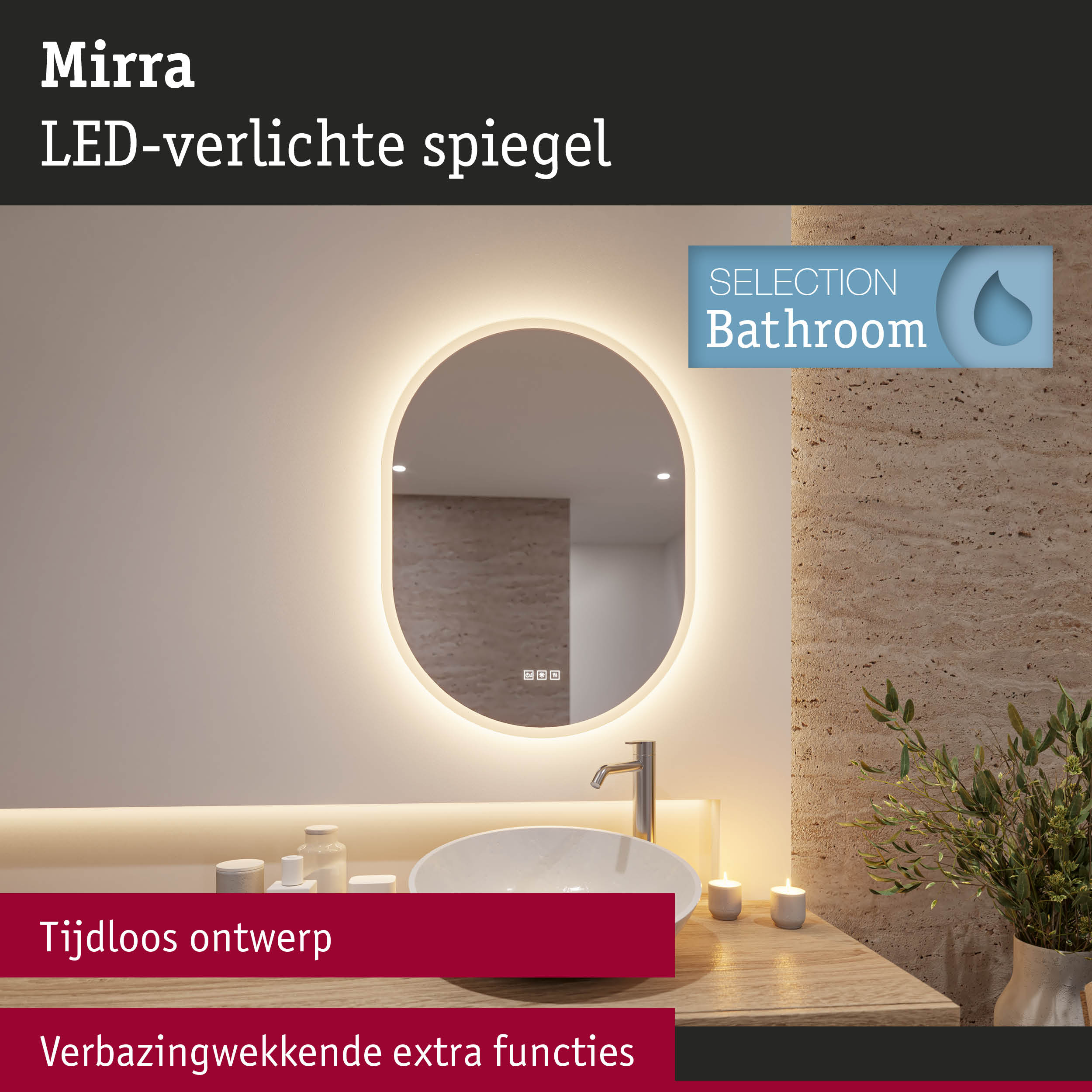 Ovale LED-verlichte badkamerspiegel Mirra met warm wit licht en strak modern ontwerp