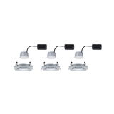Three square recessed spotlights in silver aluminum with LED modules and black connection box