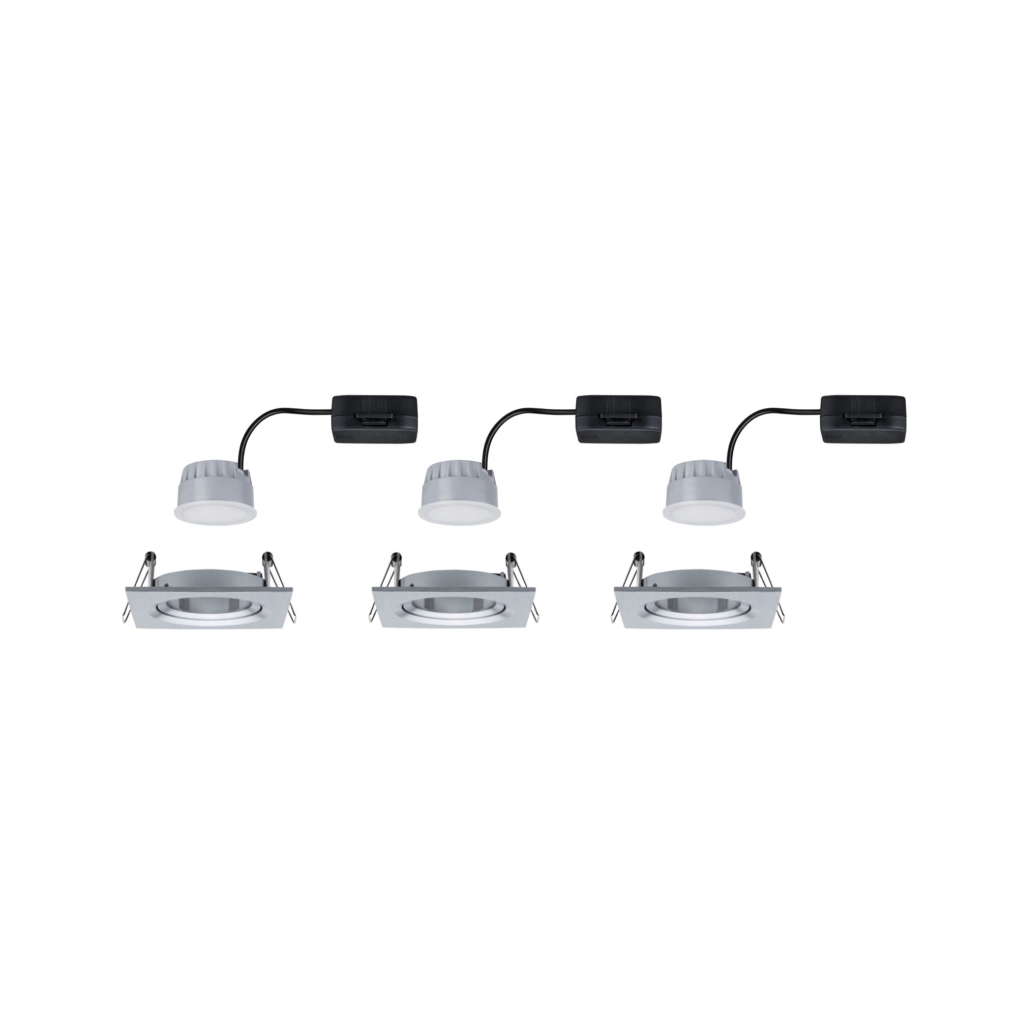 Three square recessed spotlights in silver aluminum with LED modules and black connection box