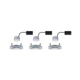 Three square recessed spotlights in silver aluminum with LED modules and black connection box