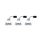Three square recessed spotlights in silver aluminum with LED modules and black connection box