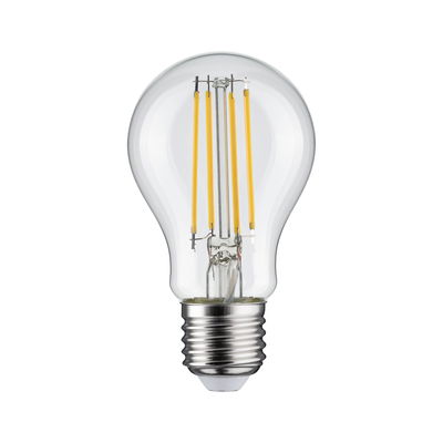 Klassische LED-Glühbirne mit transparentem Glas und silberner Fassung für energiesparende Beleuchtung