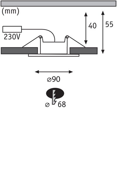 Technical drawing of recessed spotlight with 90 mm diameter and 230V connection, dimensions in mm.