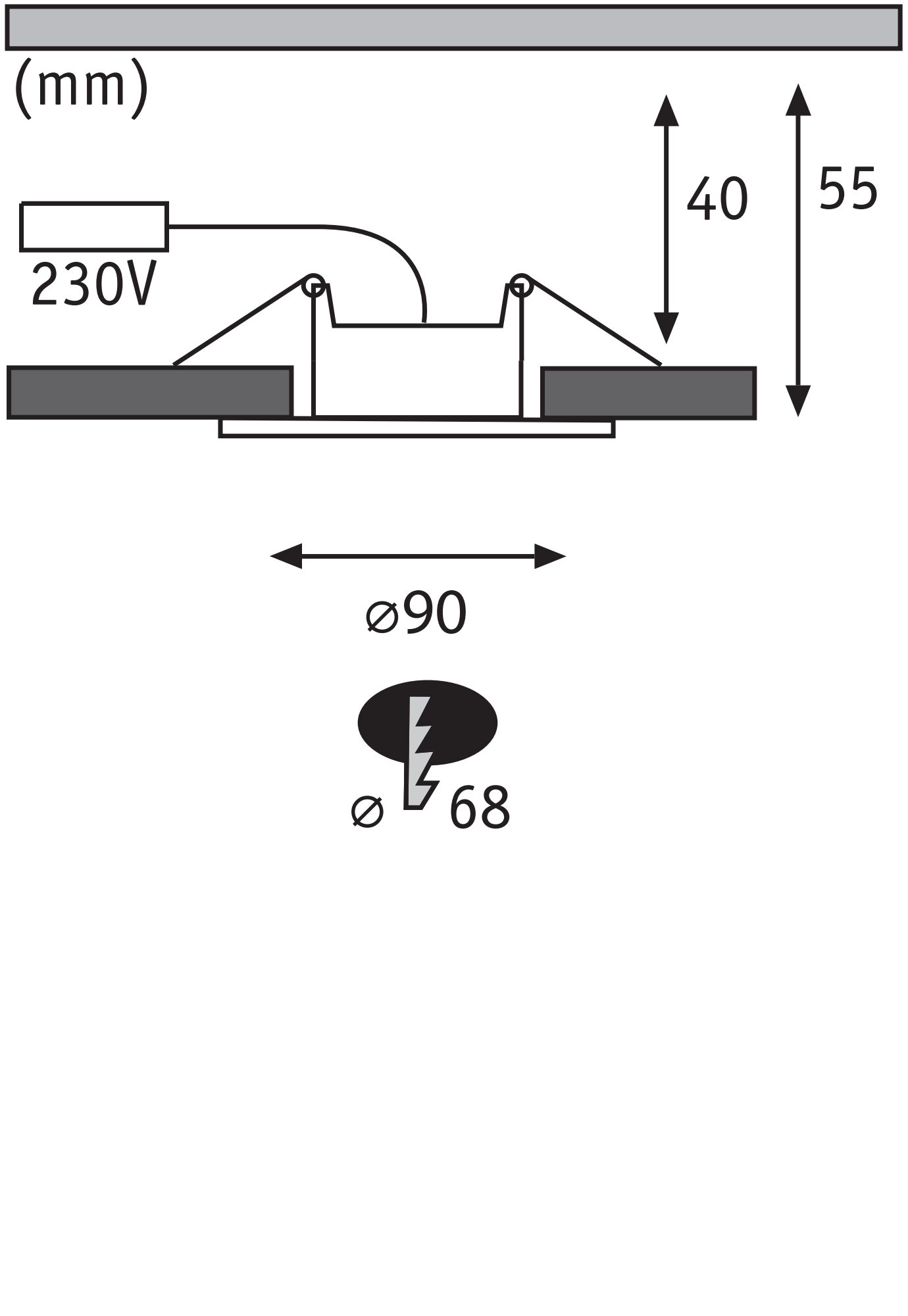 Technische Zeichnung eines Einbaustrahler mit 90 mm Durchmesser und 230V Anschluss, Maße in mm.