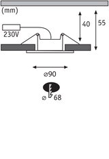 Technische Zeichnung eines Einbaustrahler mit 90 mm Durchmesser und 230V Anschluss, Maße in mm.