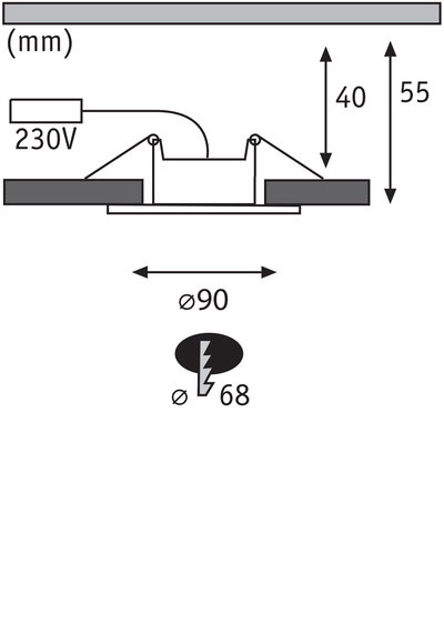 Technische Zeichnung eines Einbaustrahler mit 90 mm Durchmesser und 230V Anschluss, Maße in mm.