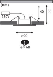 Technische Zeichnung eines Einbaustrahler mit 90 mm Durchmesser und 230V Anschluss, Maße in mm.