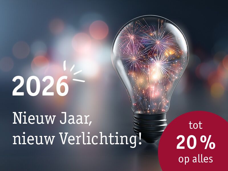 Gloeilamp met vuurwerk symbool voor nieuwe verlichting 2026 en 20 procent korting
