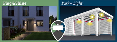 Evening outdoor lighting of house with Plug & Shine LED lights and schematic Park+Light installation diagram