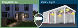 Abendliche Außenbeleuchtung eines Hauses mit Plug & Shine LED-Leuchten und schematischer Park+Light Installation