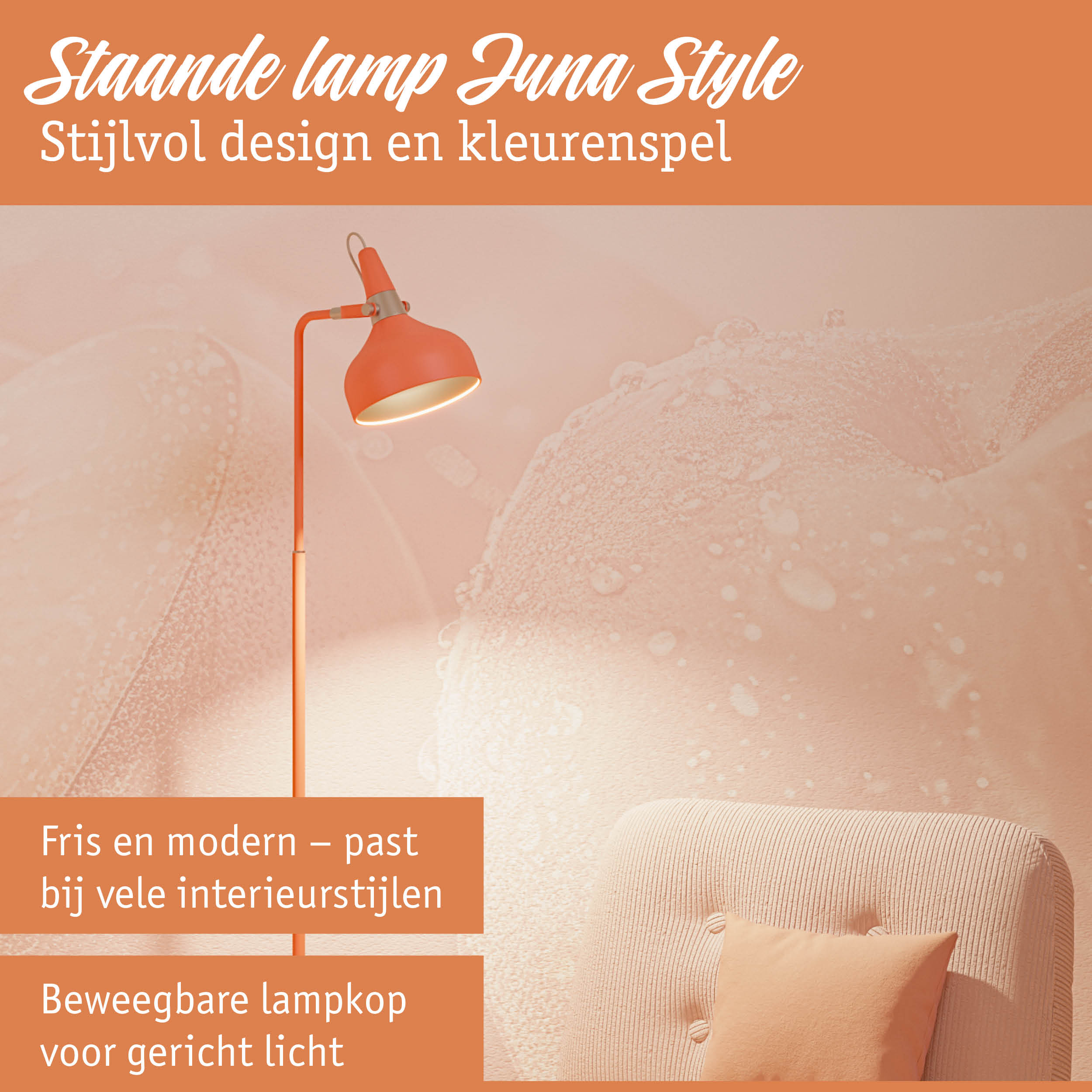 Oranje staande lamp met verstelbare lampenkap voor gericht licht in woonkamer
