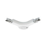 White plastic connector with metal clips for LED track lighting, flexible joint piece