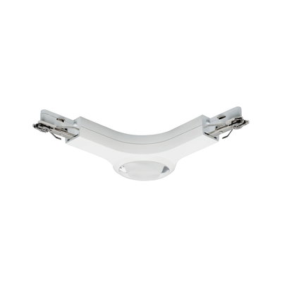 White plastic connector with metal clips for LED track lighting, flexible joint piece