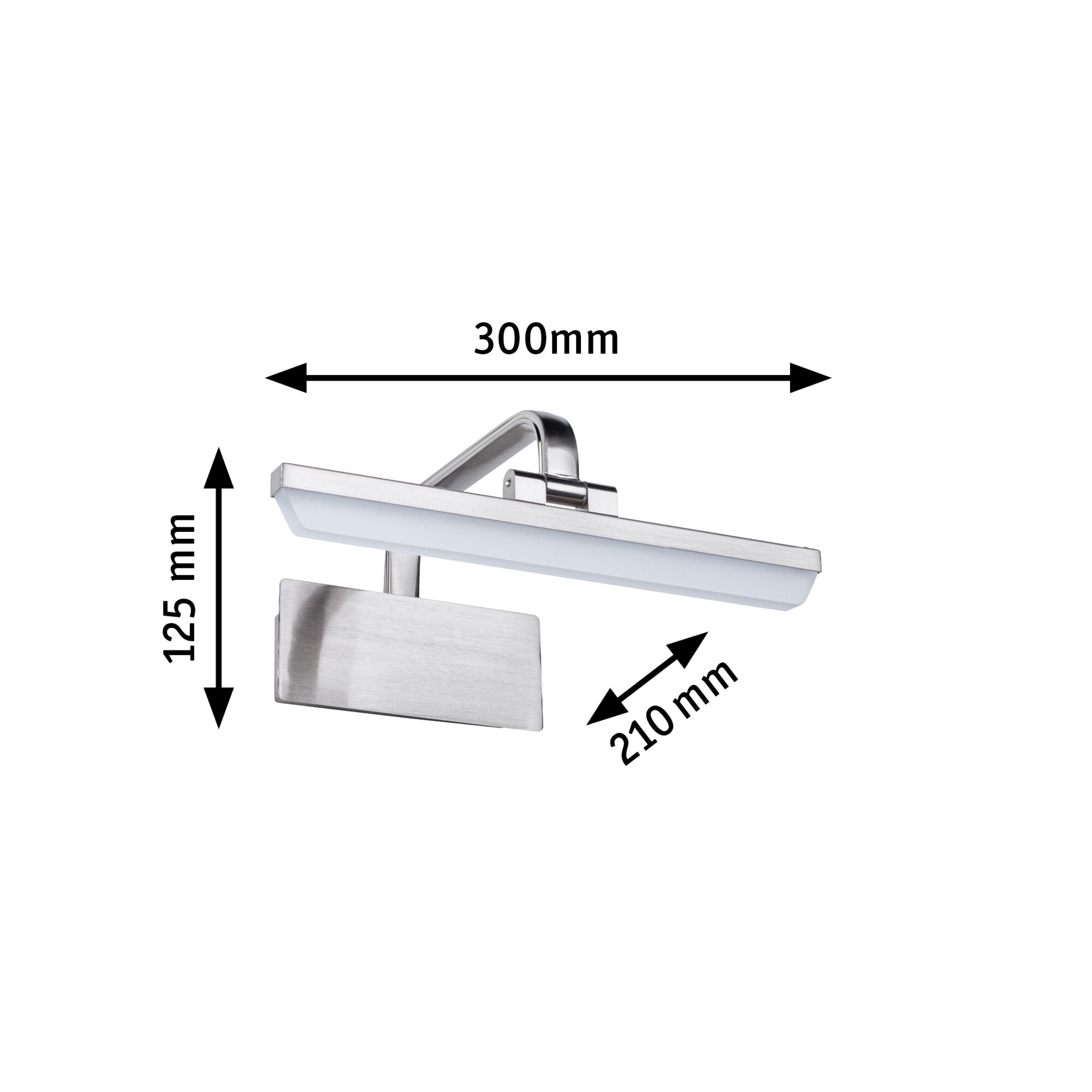 Modern LED wall light in brushed stainless steel measuring 300x125x210 mm for home lighting