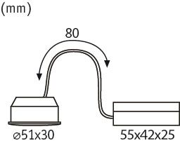 Technische tekening van witte LED-wandlamp met flexibele arm van 80 mm en afmetingen 55x42x25 mm.