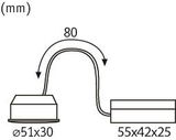 Technische tekening van witte LED-wandlamp met flexibele arm van 80 mm en afmetingen 55x42x25 mm.