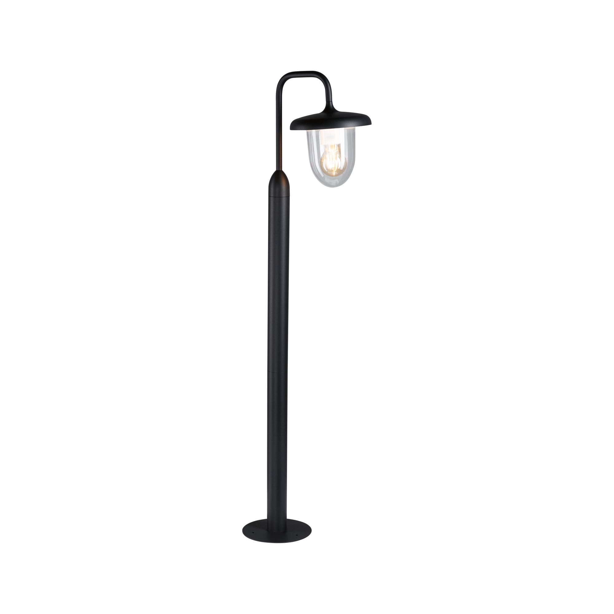 Black metal outdoor lamp with curved arm and clear glass for garden lighting