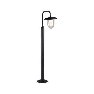 Black metal outdoor lamp with curved arm and clear glass for garden lighting