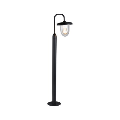 Black metal outdoor lamp with curved arm and clear glass for garden lighting
