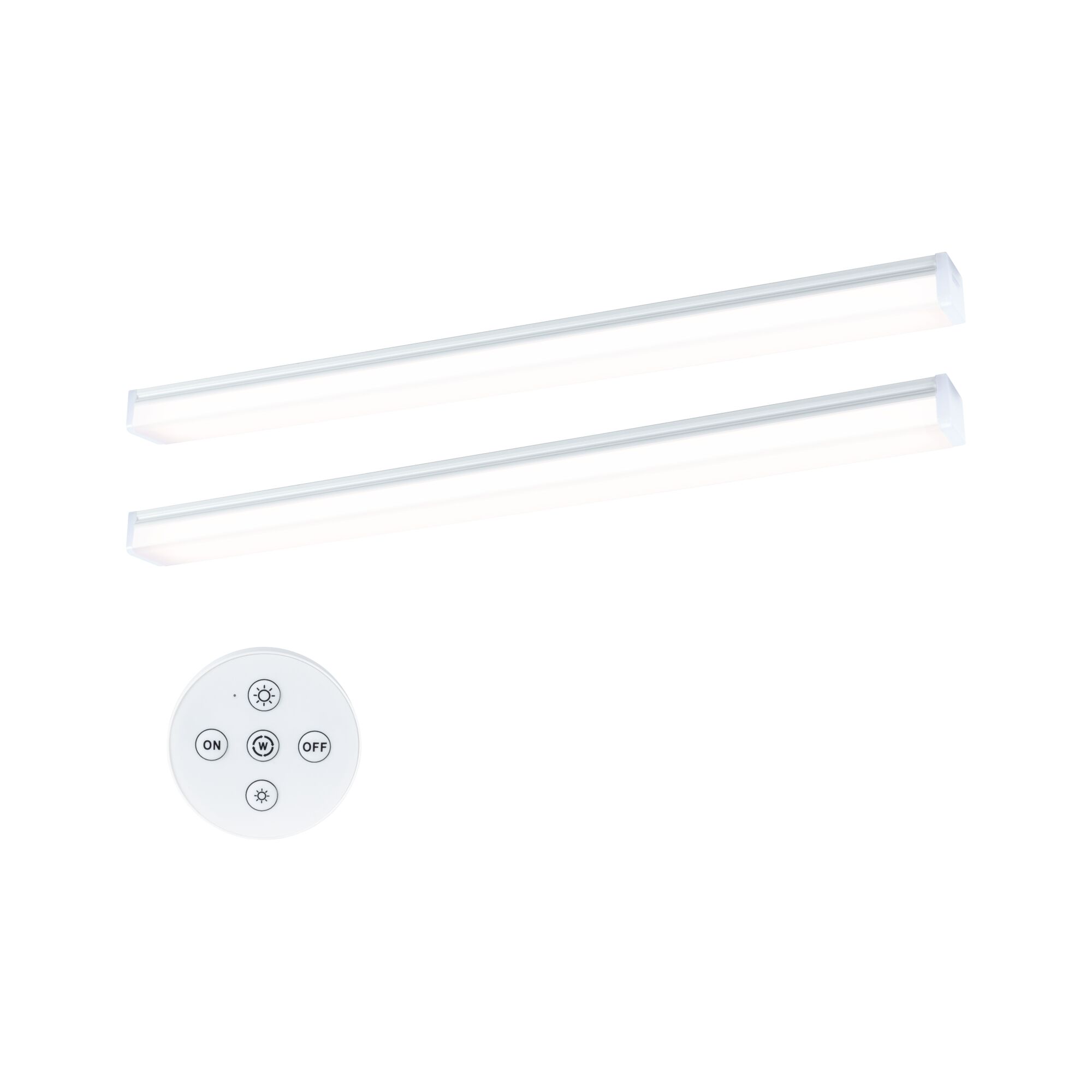 Zwei weiße LED-Leisten mit Fernbedienung für dimmbares Licht im modernen Design