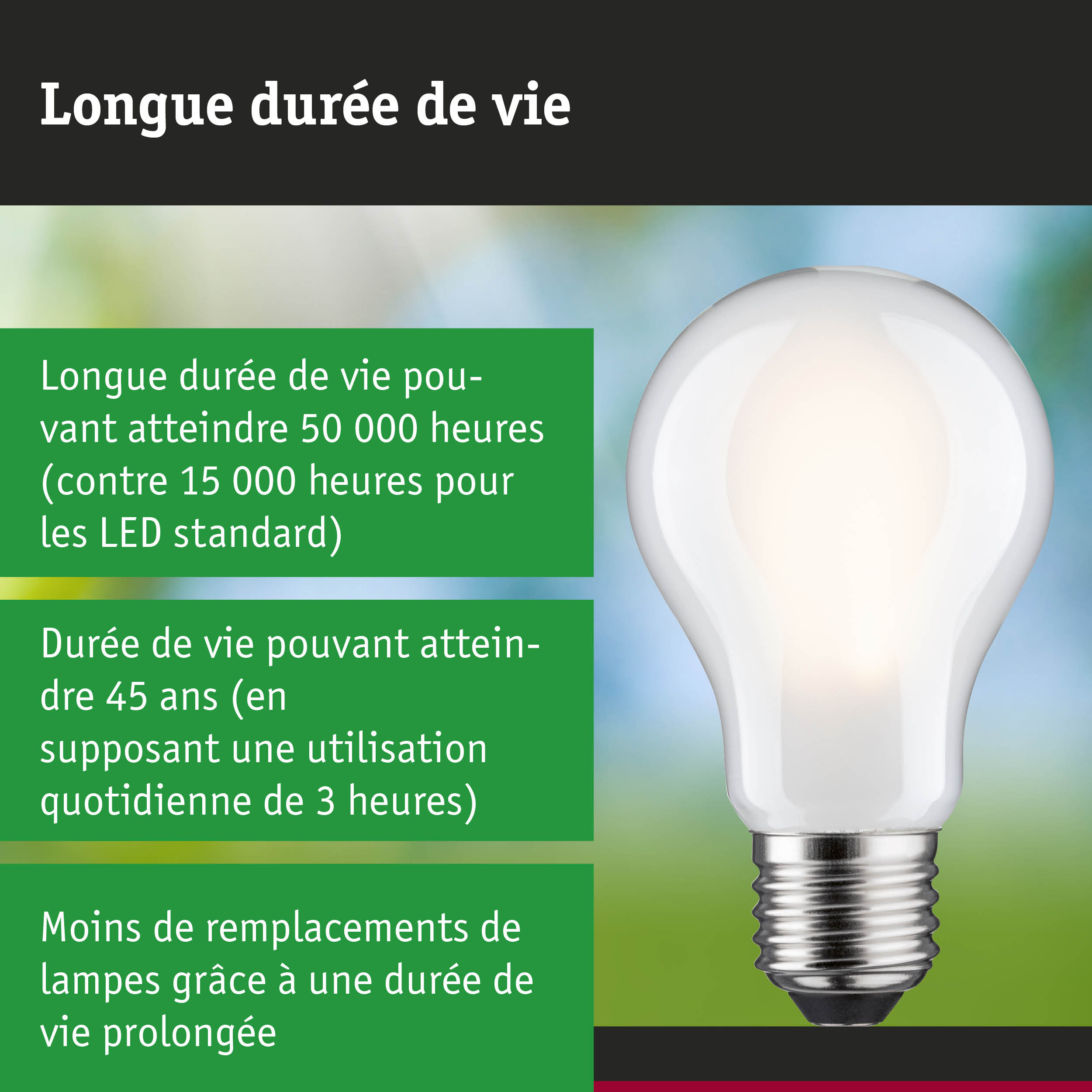 Ampoule LED avec durée de vie de 50 000 heures, solution d'éclairage économique