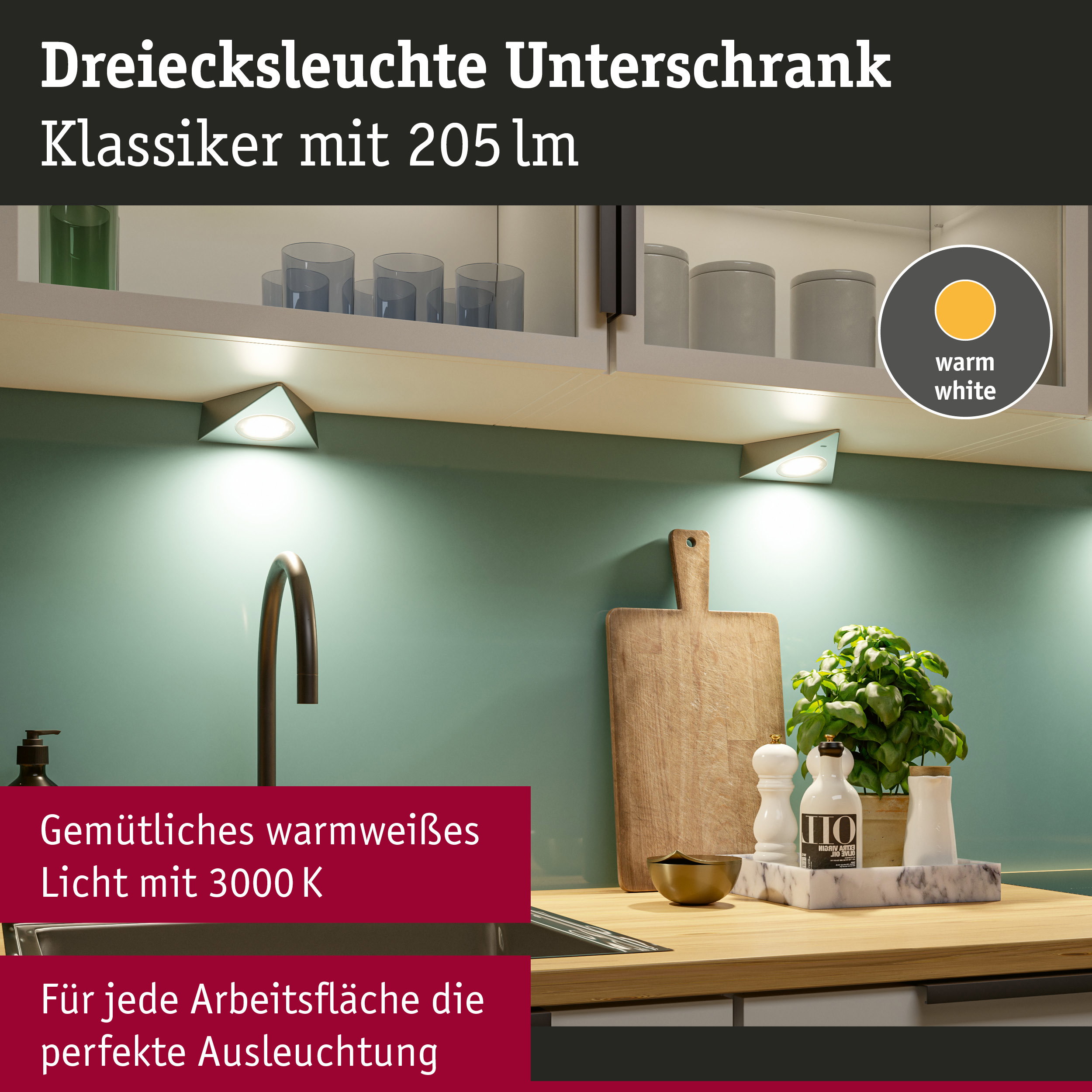 Dreieckige LED-Unterschrankleuchte in Weiß mit warmweißem Licht für Küchenarbeitsflächen