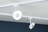 White LED ceiling track with two round dimmable lights for modern indoor lighting.