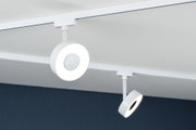 Weiße LED-Deckenschiene mit zwei runden, dimmbaren Leuchten für moderne Innenbeleuchtung.